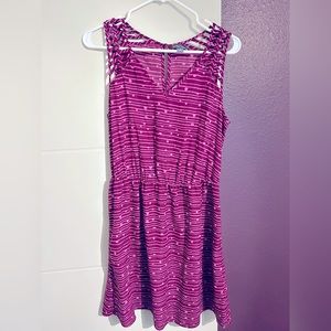 Purple and pink pattern dress with shoulder cutout detail